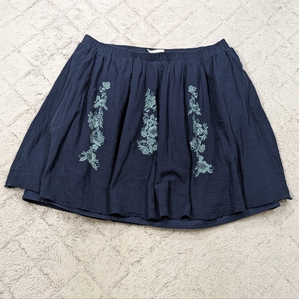 Garnet Hill Skirt Women's L Blue Embroidered Floral Mini Ruffle Lined Boho